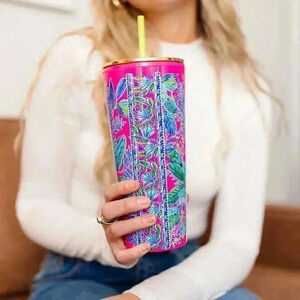 Lilly Pulitzer 24oz Lil Earned Stripes Steel Insulated Tumbler w Lid &Straw New